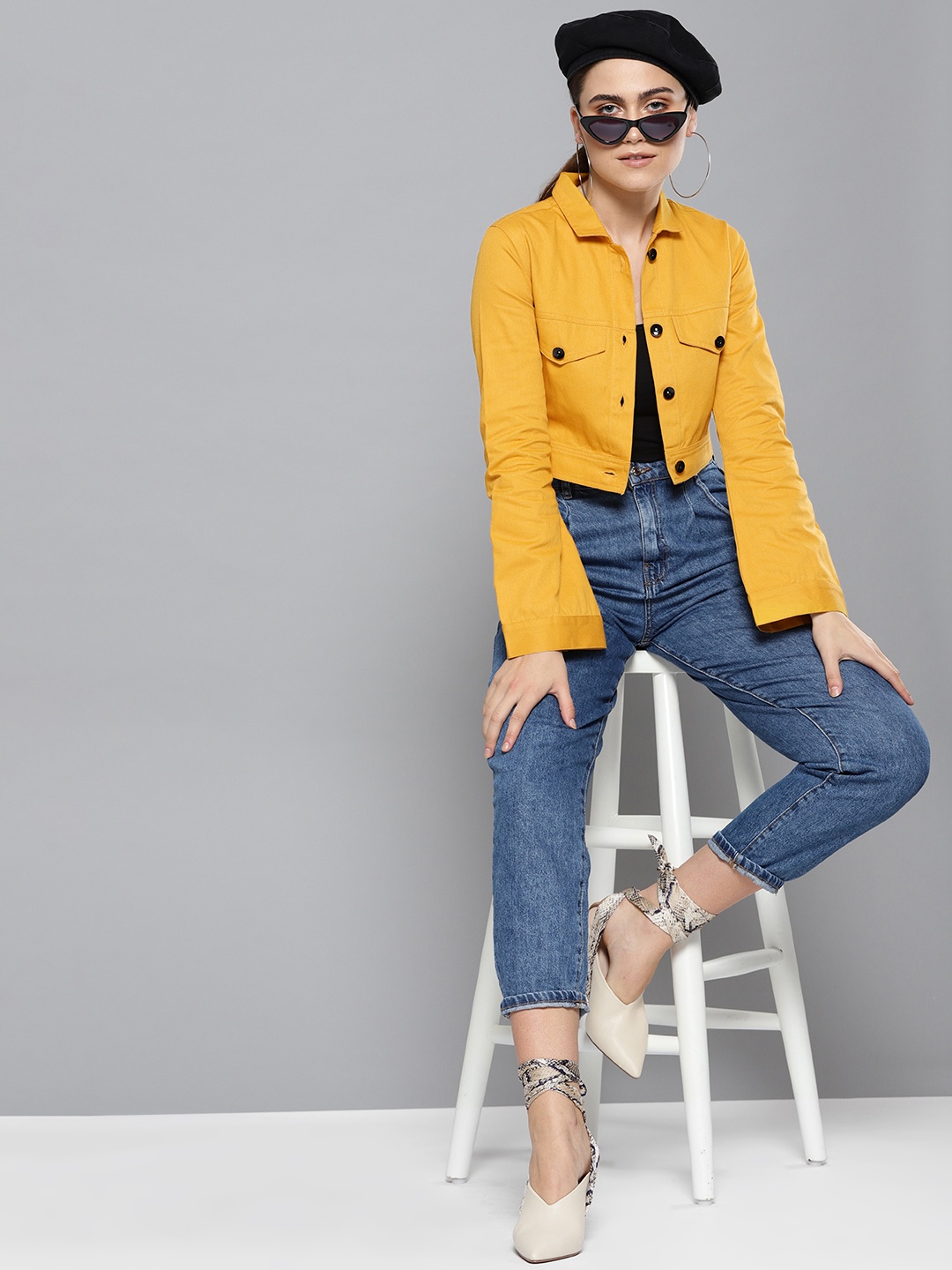 

STREET 9 Women Mustard Yellow Solid Cropped Tailored Jacket