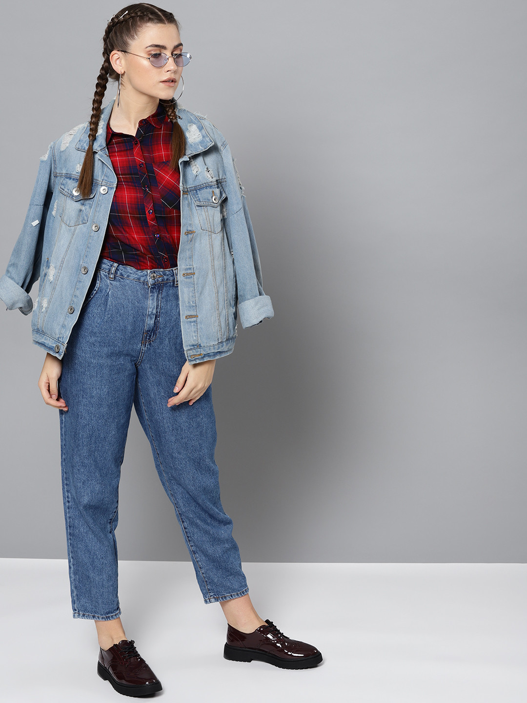 

STREET 9 Women Red & Navy Blue Checked Casual Shirt