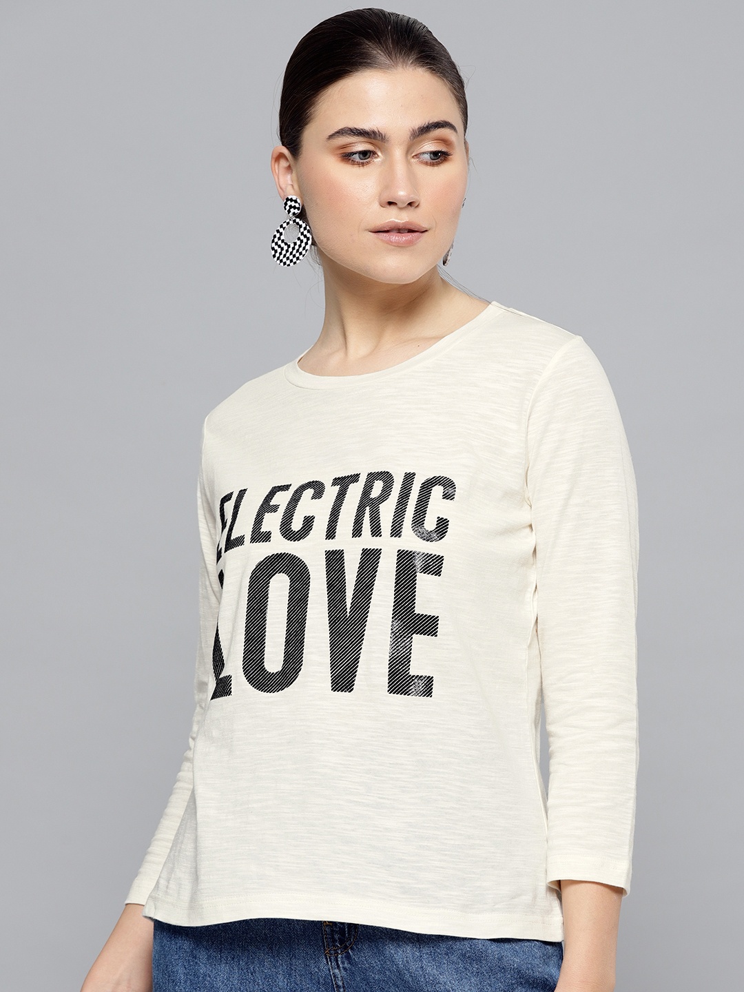 

STREET 9 Women Off-White & Black Printed Round Neck T-shirt