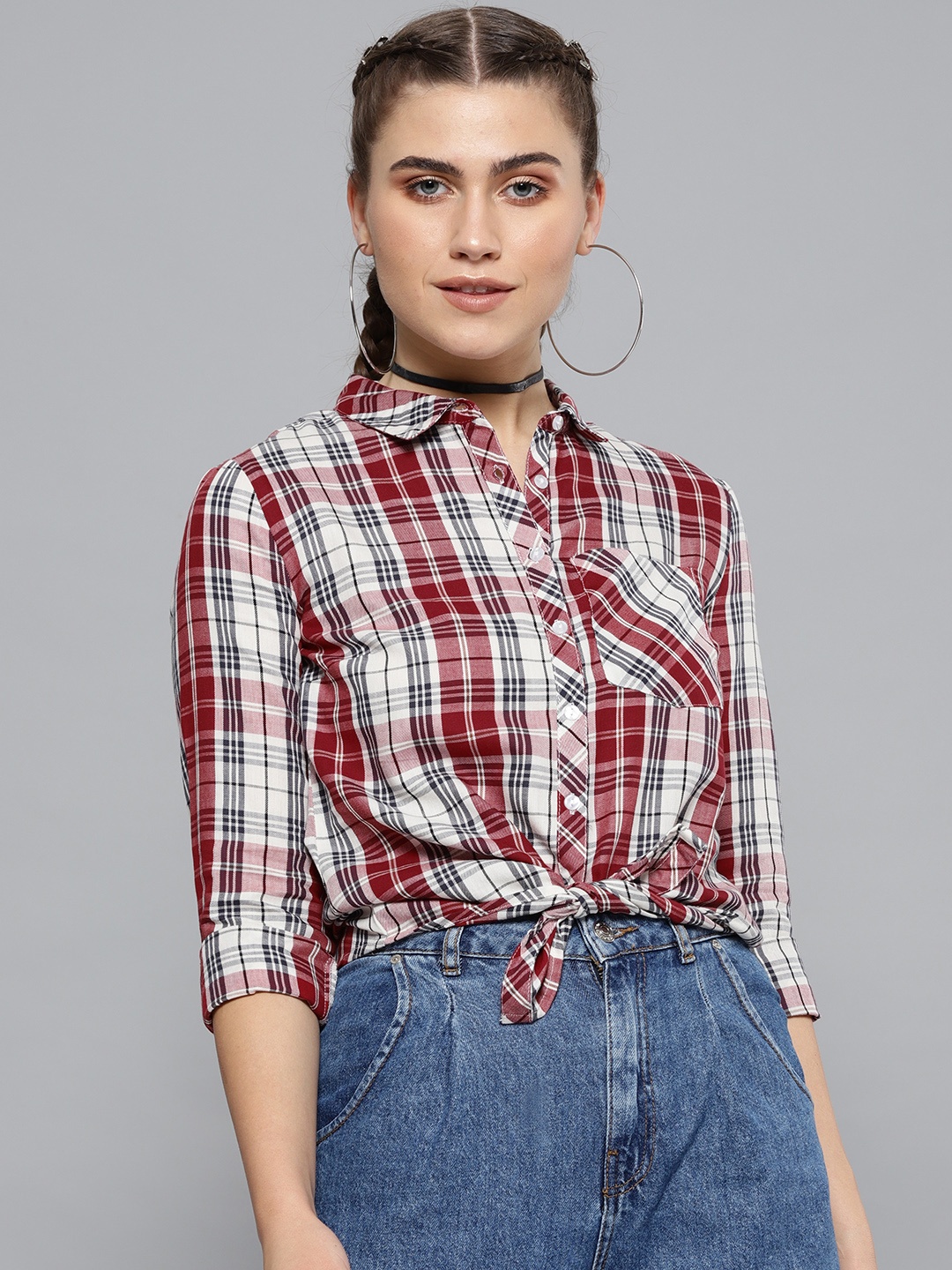 

STREET 9 Women Off-White & Maroon Checked Casual Shirt