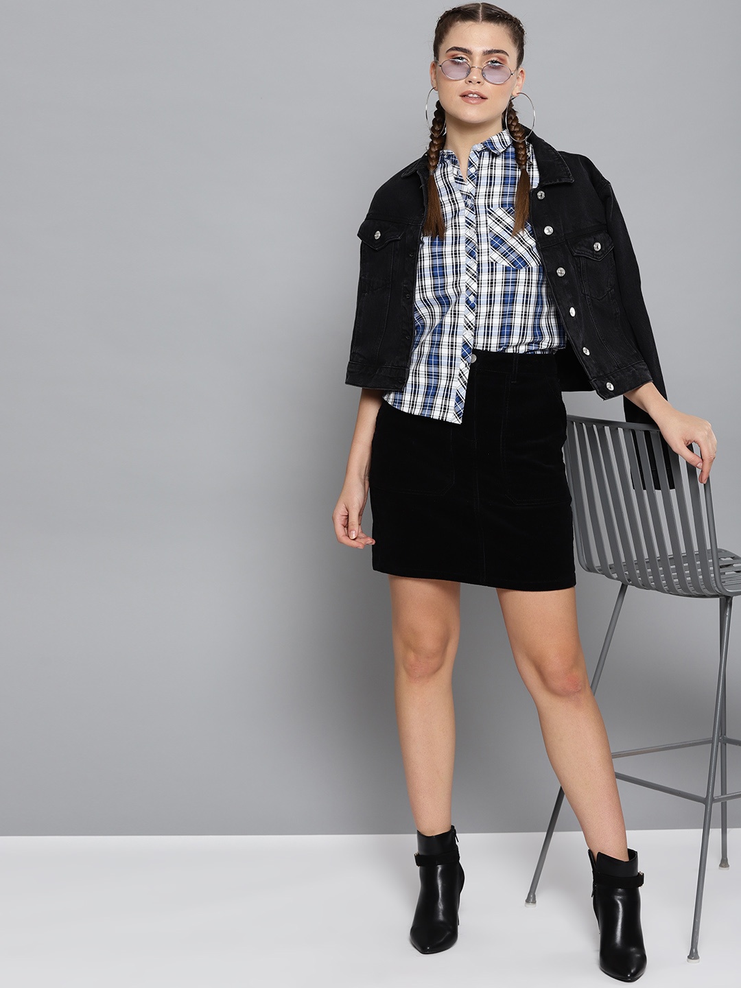 

STREET 9 Women White & Blue Checked Casual Shirt