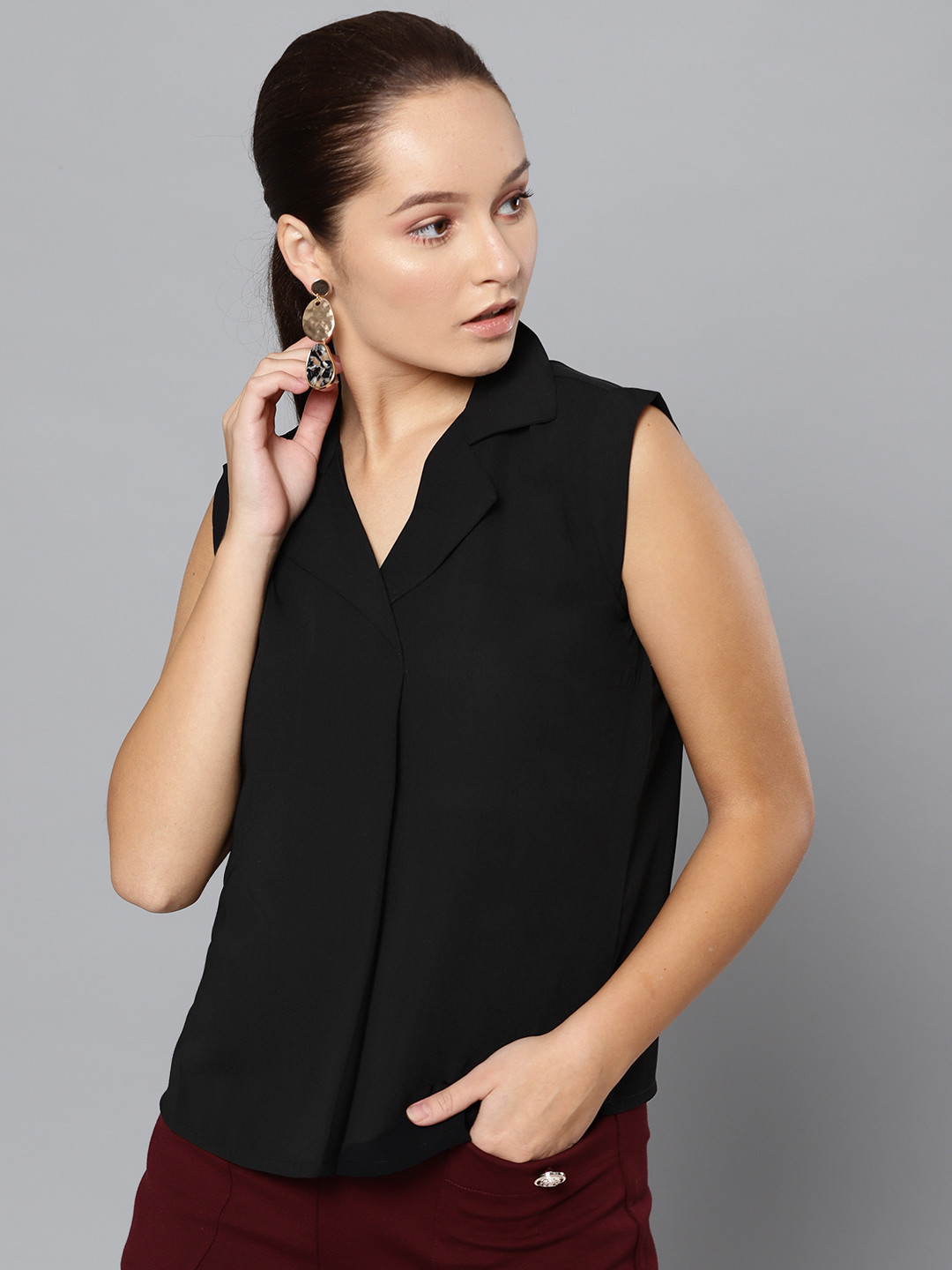 

STREET 9 Women Black Solid Shirt Style Top