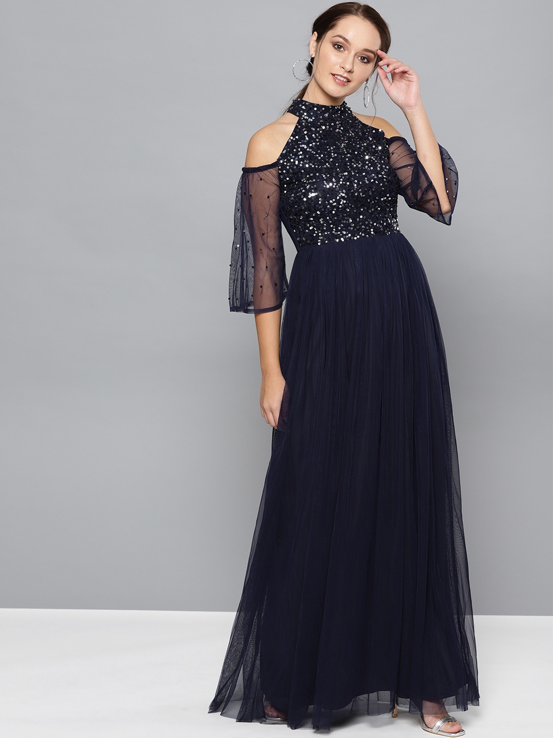 

STREET 9 Navy Blue Cold-Shoulder Net Maxi Dress