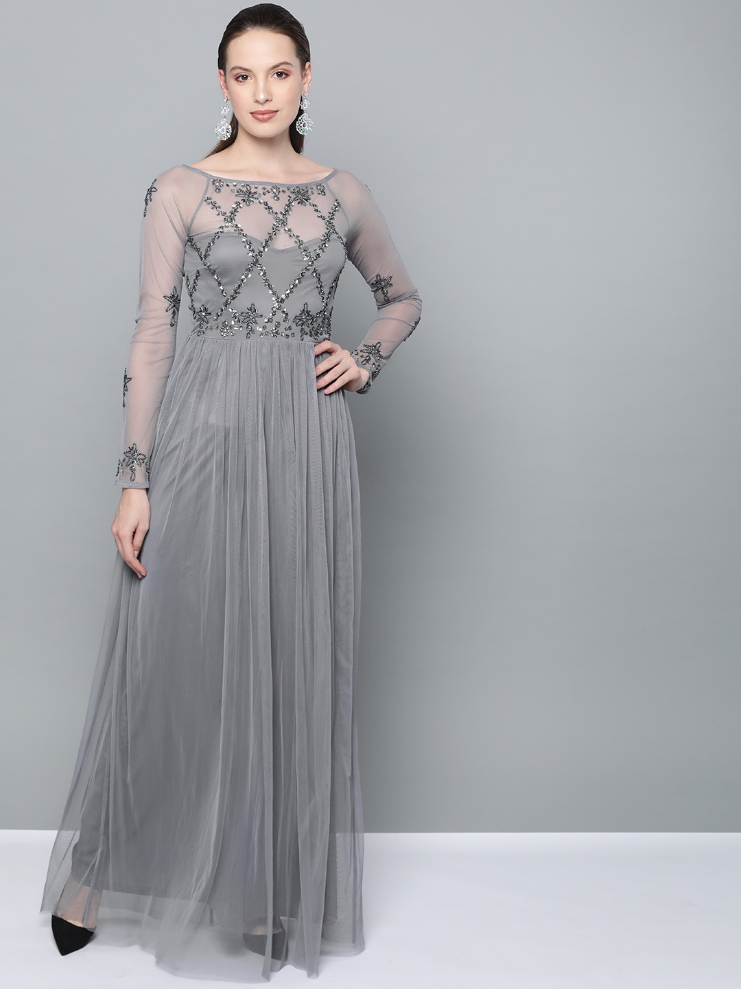 

STREET 9 Women Embellished Semi-Sheer Net Maxi Dress, Grey