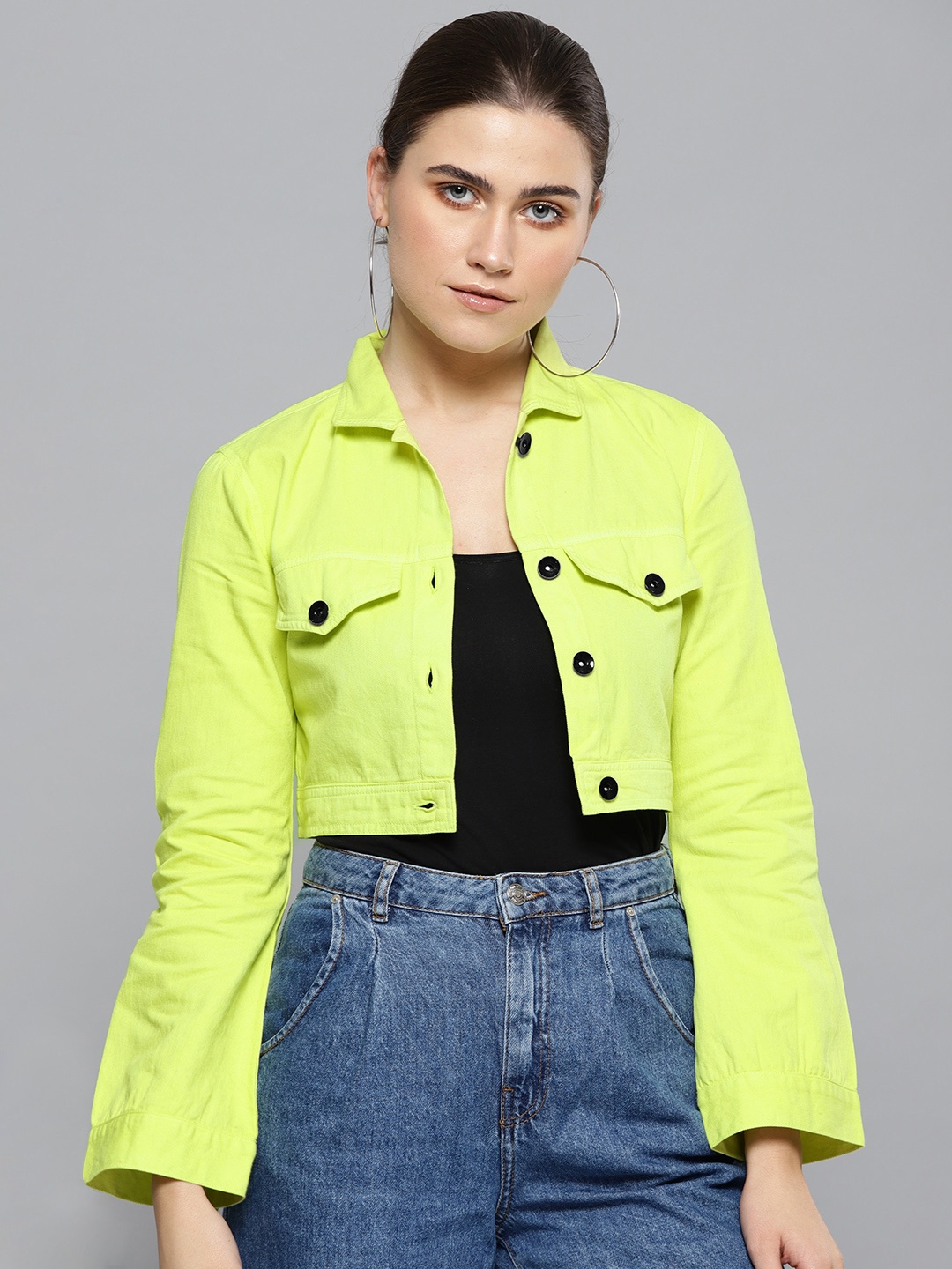 

STREET 9 Women Fluorescent Green Solid Cropped Denim Jacket