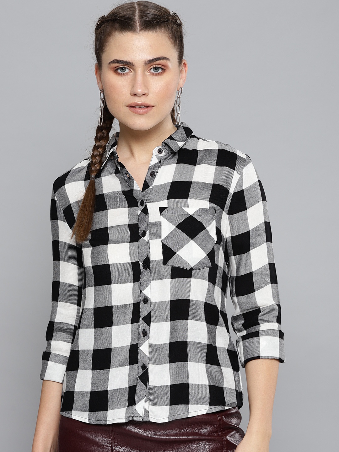 

STREET 9 Women Black & White Checked Casual Shirt