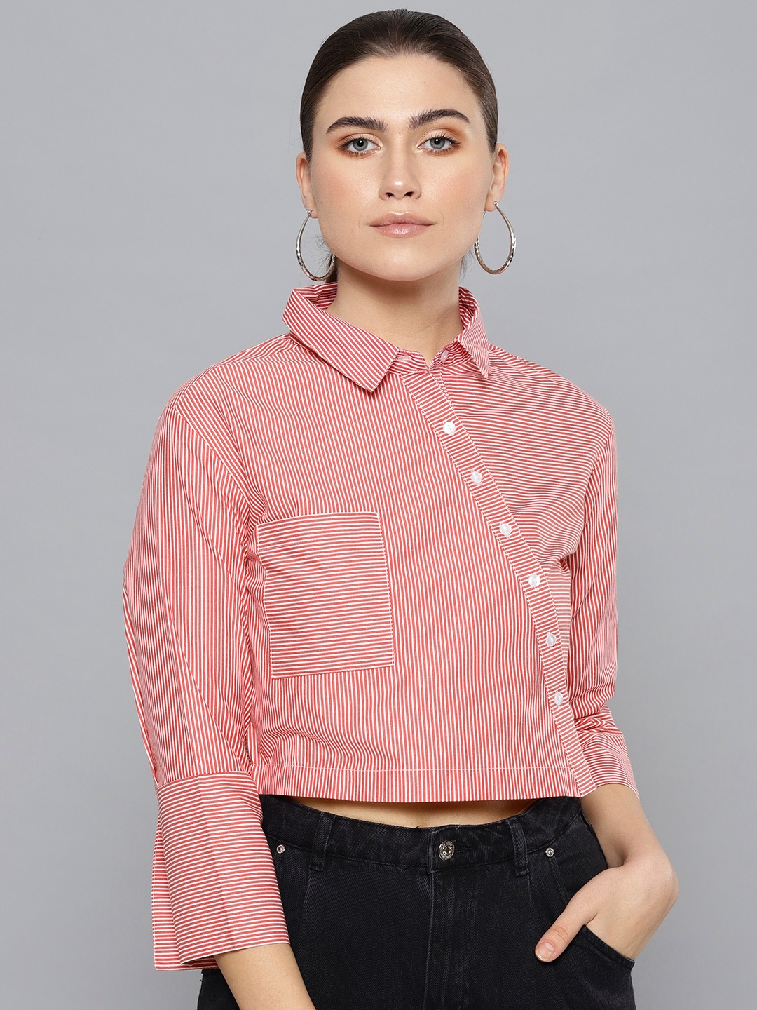 

STREET 9 Women Red & White Regular Fit Striped Cropped Casual Shirt