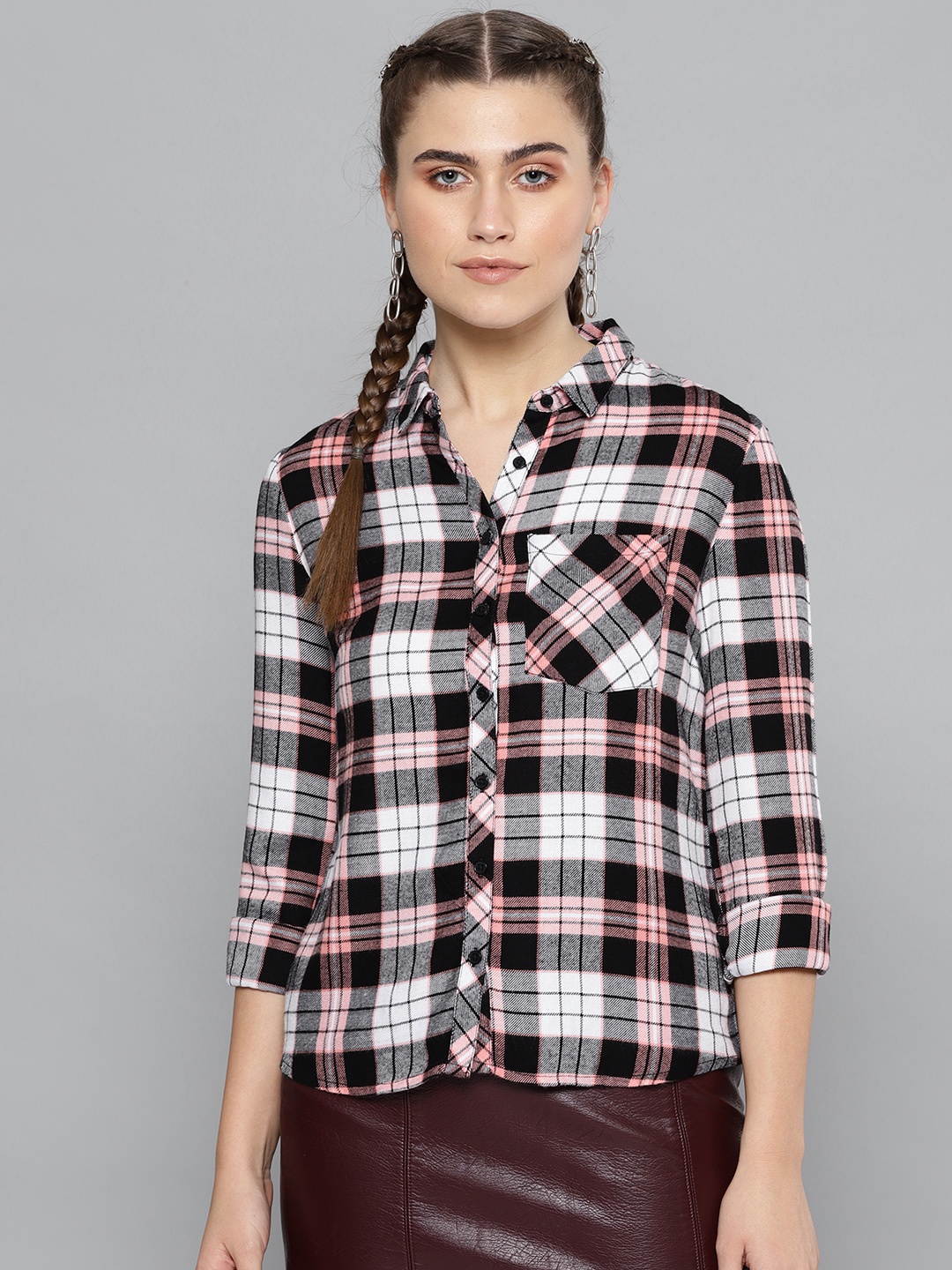 

STREET 9 Women Black & Pink Checked Casual Shirt