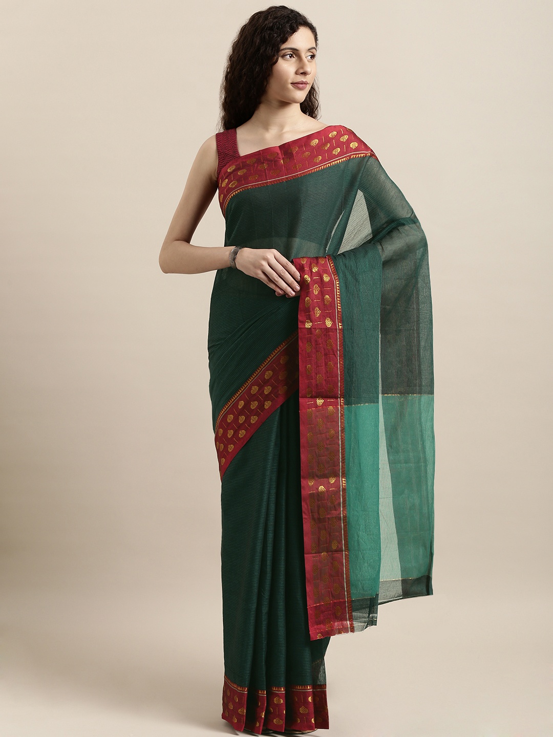 

aamna Green & Maroon Pure Cotton Striped Saree