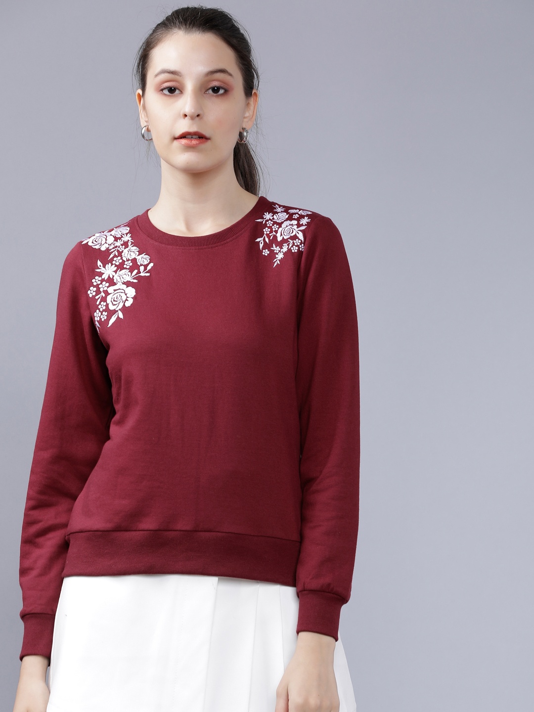 

Tokyo Talkies Women Maroon Solid Sweatshirt