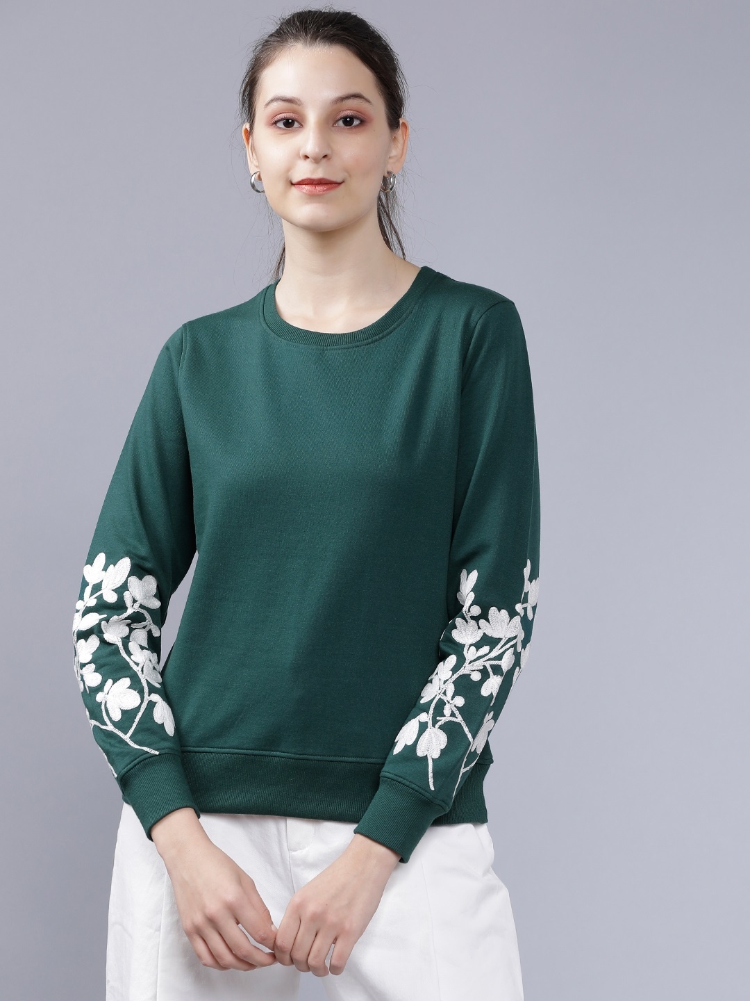 

Tokyo Talkies Women Teal Green Solid Sweatshirt