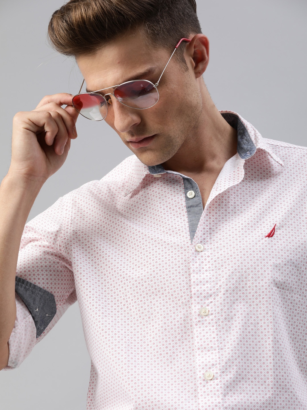 

Nautica Men White & Red Classic Regular Fit Printed Smart Casual Shirt