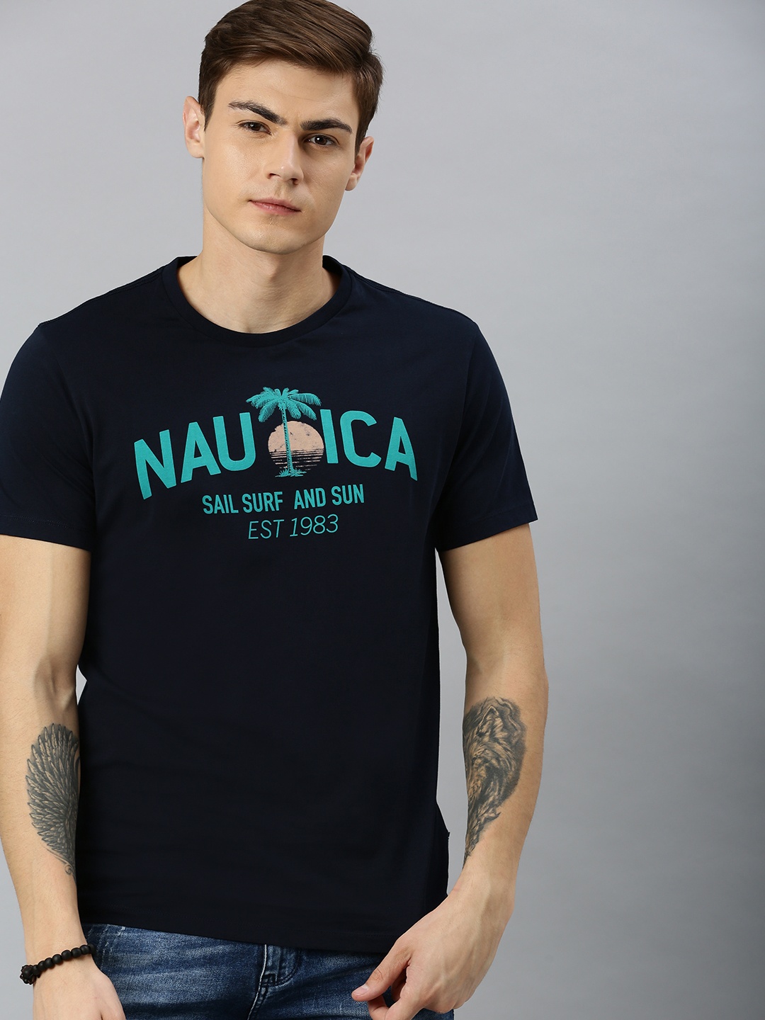 

Nautica Men Navy Blue Brand Logo Print Round Neck Regular Sleeves Pure Cotton T-shirt