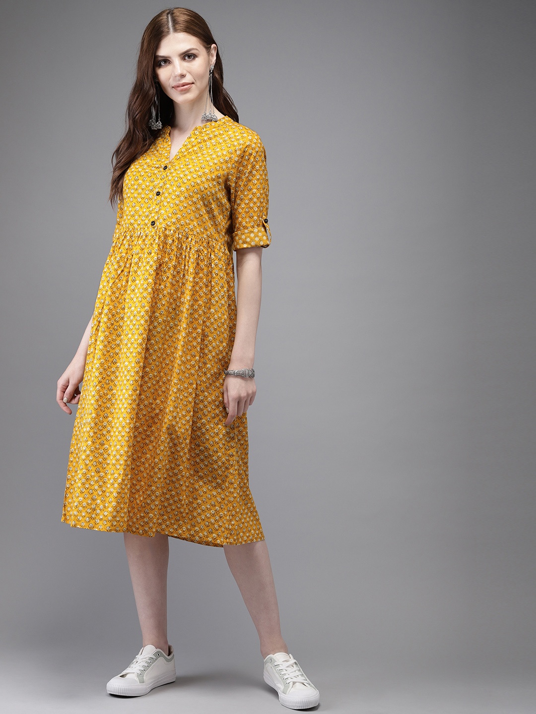 

Anouk Women Mustard Floral Print A-Line Dress