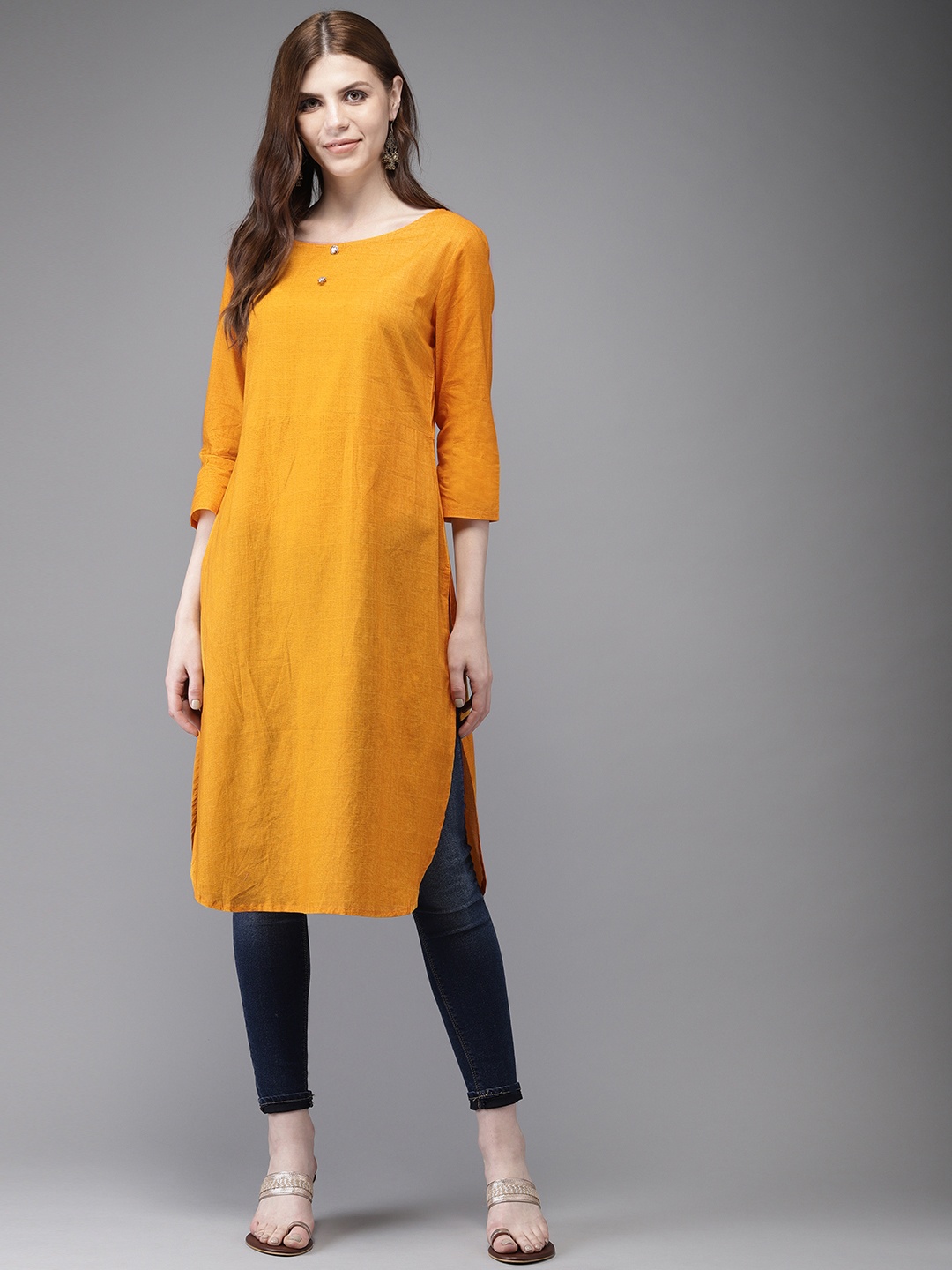 

Anouk Women Mustard Printed Straight Kurta