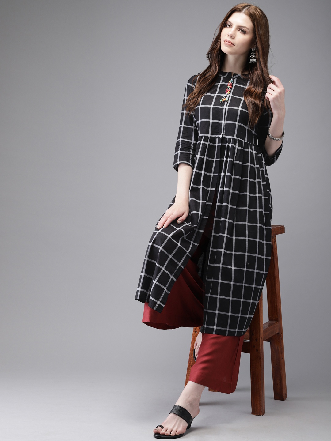 

Anouk Women Black & Grey Printed A-Line Kurta