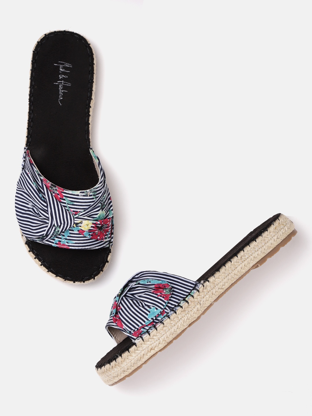 

Mast & Harbour Women Navy & White Striped & Printed Open Toe Espadrilles Flats, Navy blue