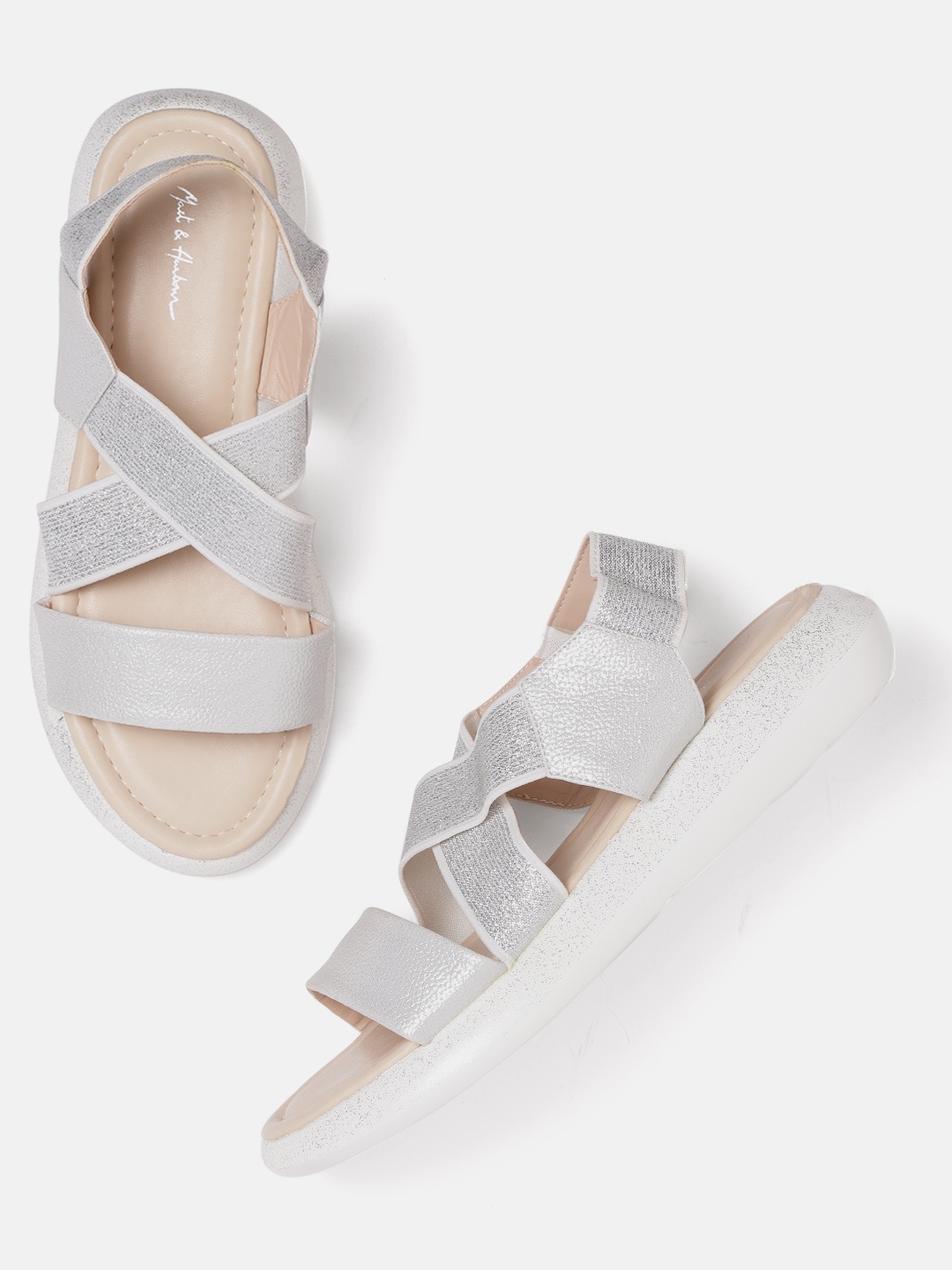 

Mast & Harbour Women Silver-Toned Shimmer Open Toe Flats