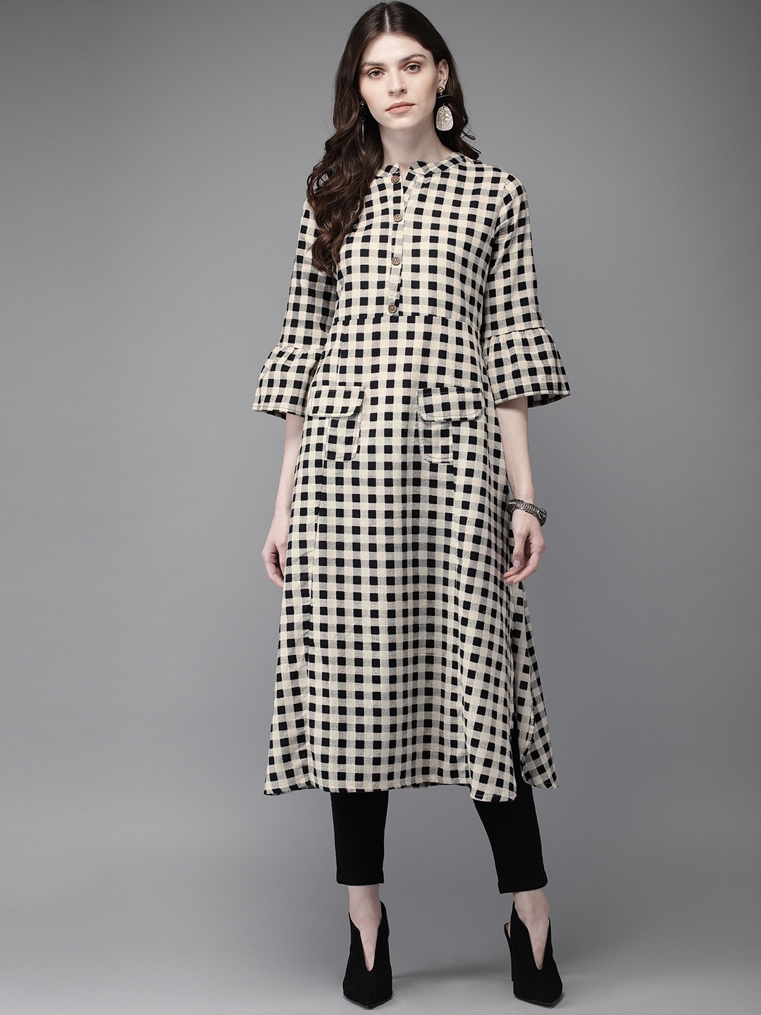 

Anouk Women Black & Off-White Checked A-Line Kurta