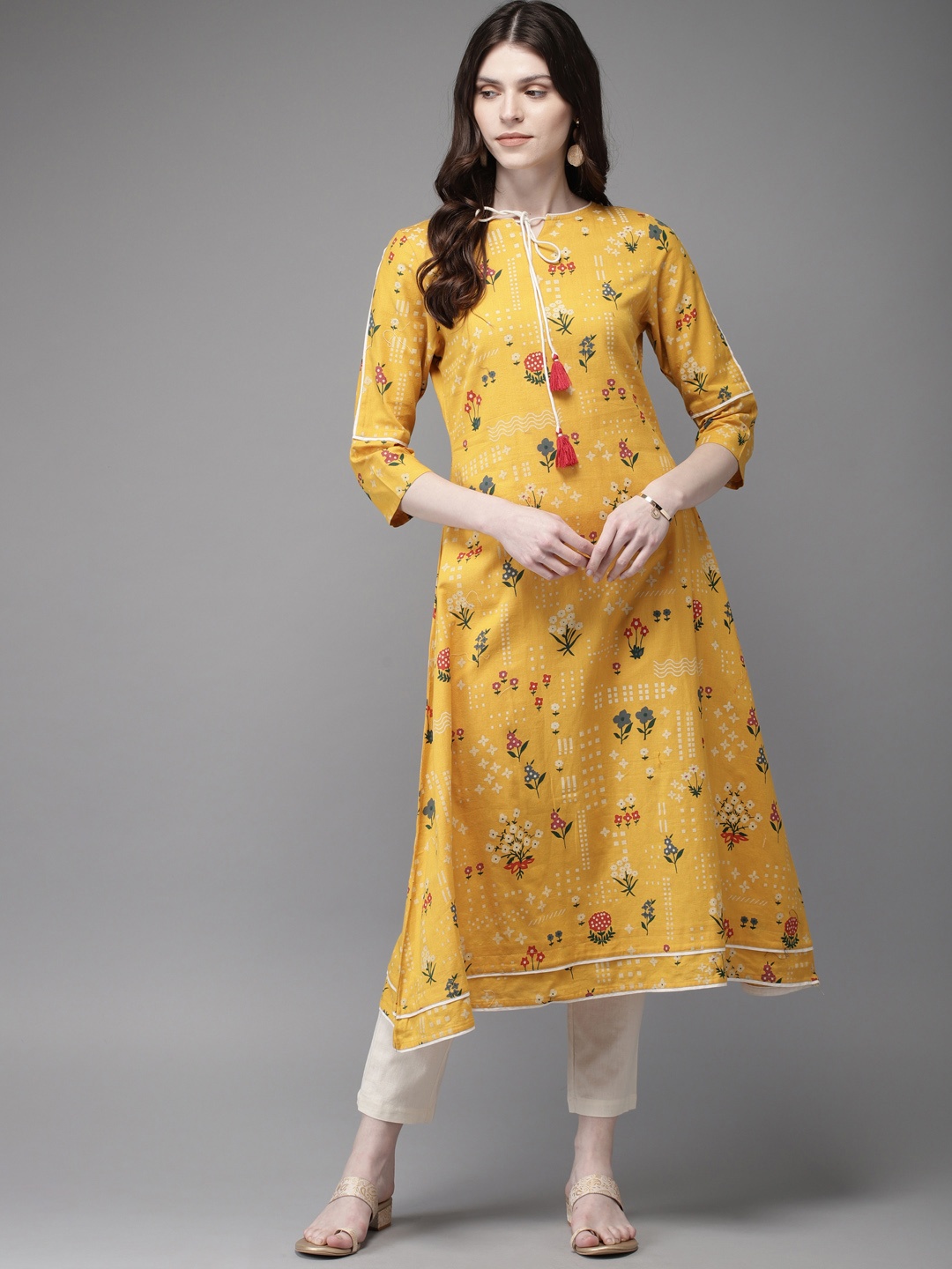 

Anouk Women Mustard Yellow & Green Printed Kurta with Trousers