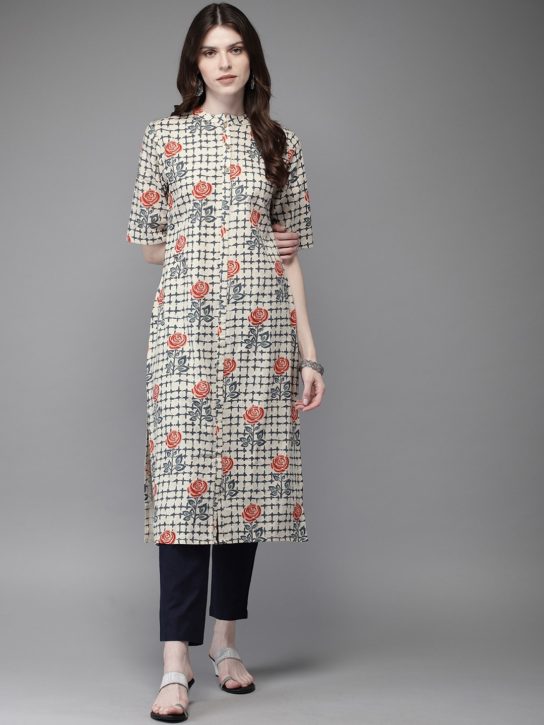 

Anouk Women Off-White Printed Kurta with Trousers