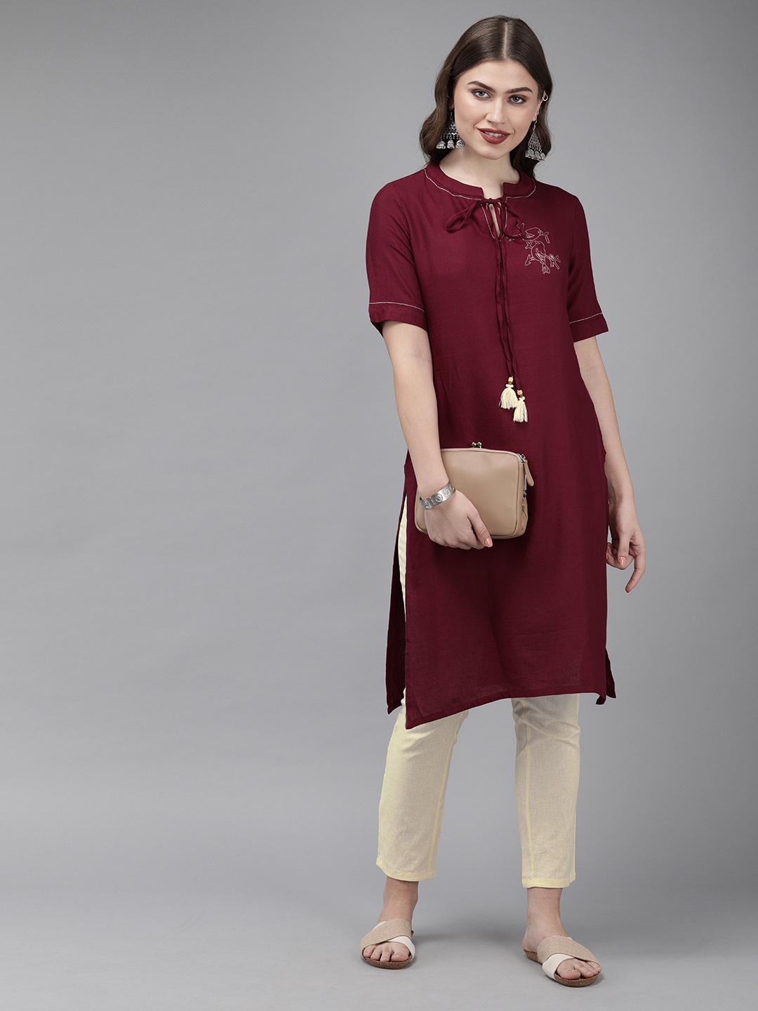 

Anouk Women Maroon & Off-White Solid Kurta with Trousers & Embroidered Detailing