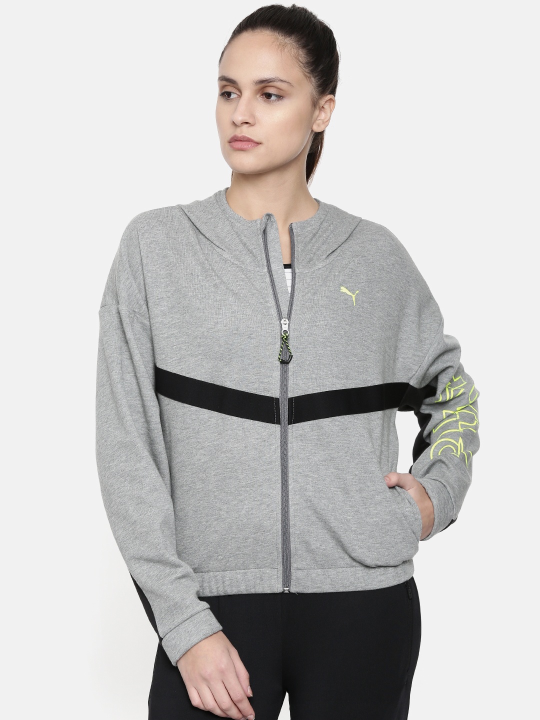 

Puma Women Grey Striped HIT Feel It Running & Training Sporty Jacket
