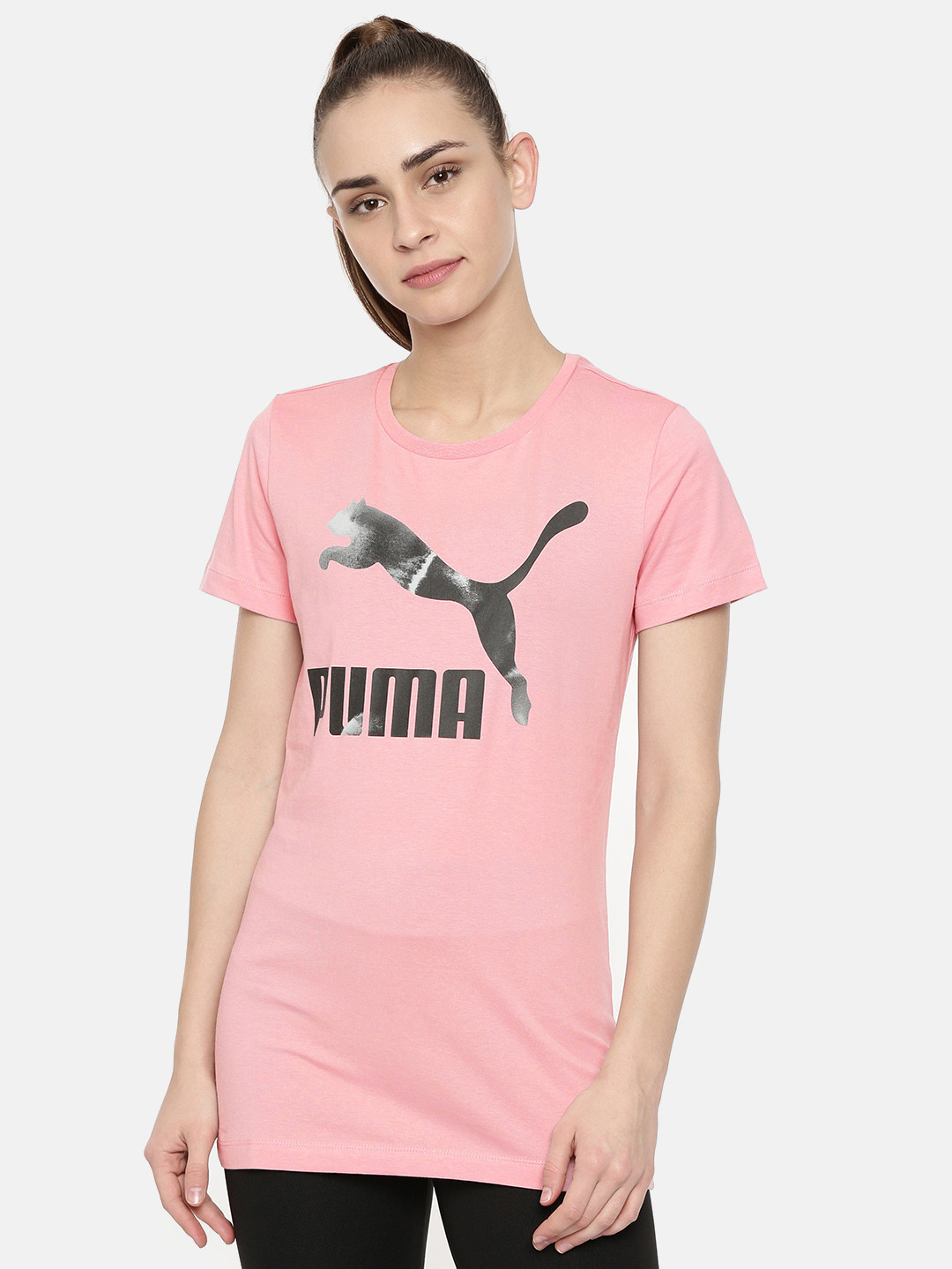 

Puma Women Pink Black Printed Cloud Pack Graphic Longline Pure Cotton T-shirt