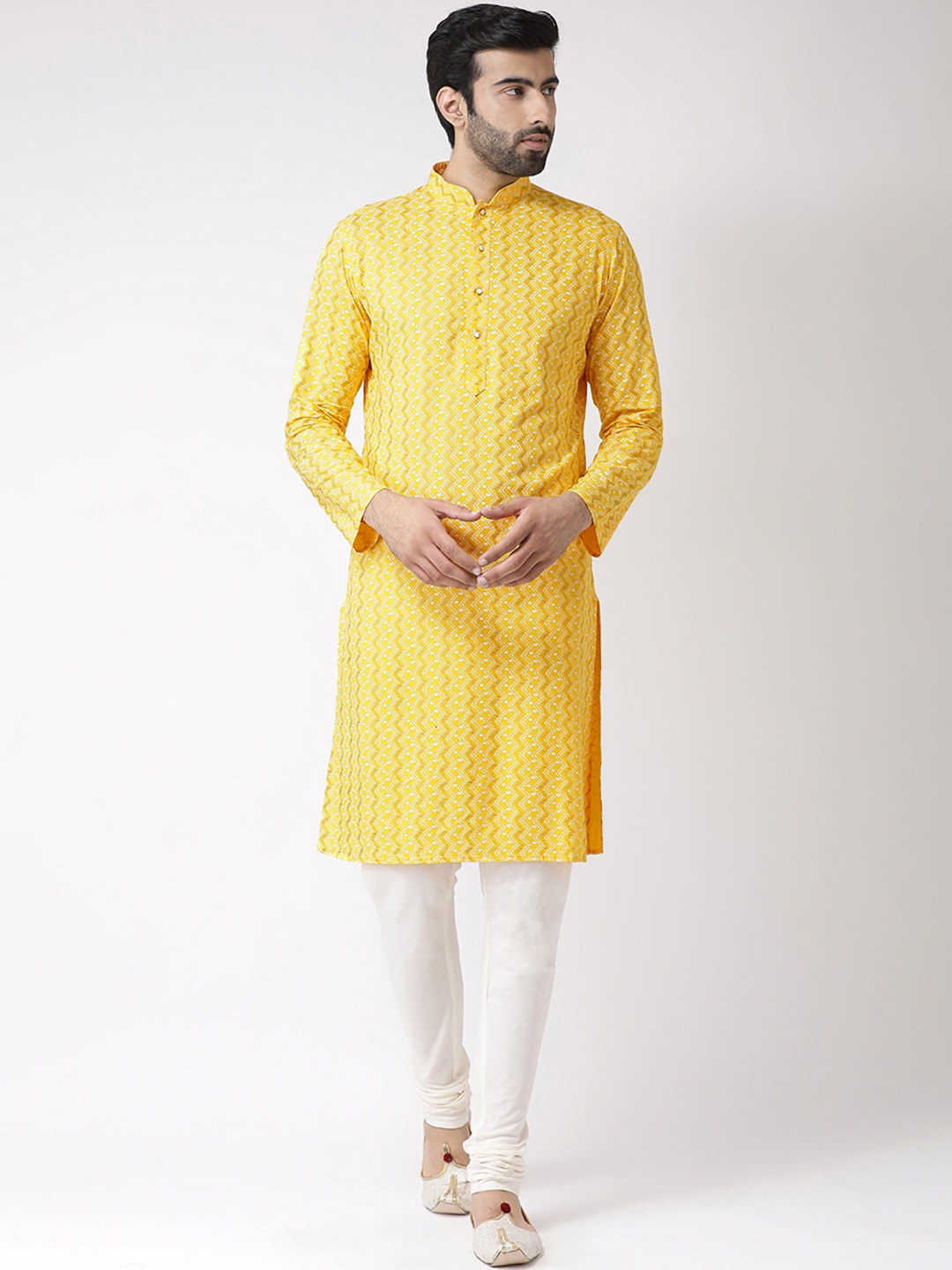 

KISAH Men Printed Kurta with Churidar, Yellow