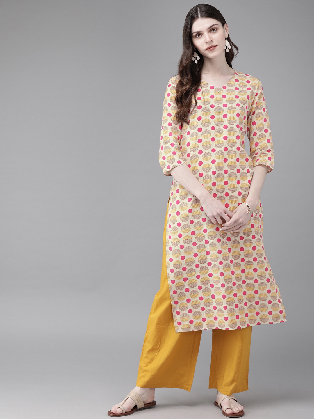

Anouk Women Off-White & Pink Printed Straight Kurta