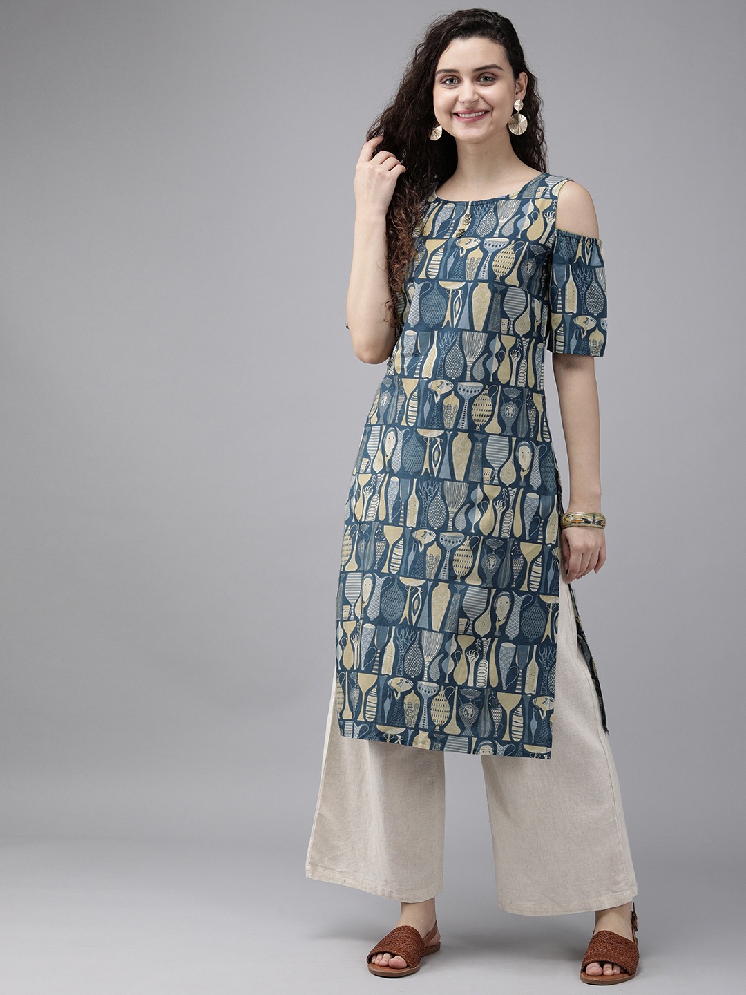 

Anouk Women Navy Blue & Grey Quirky Print Straight Kurta