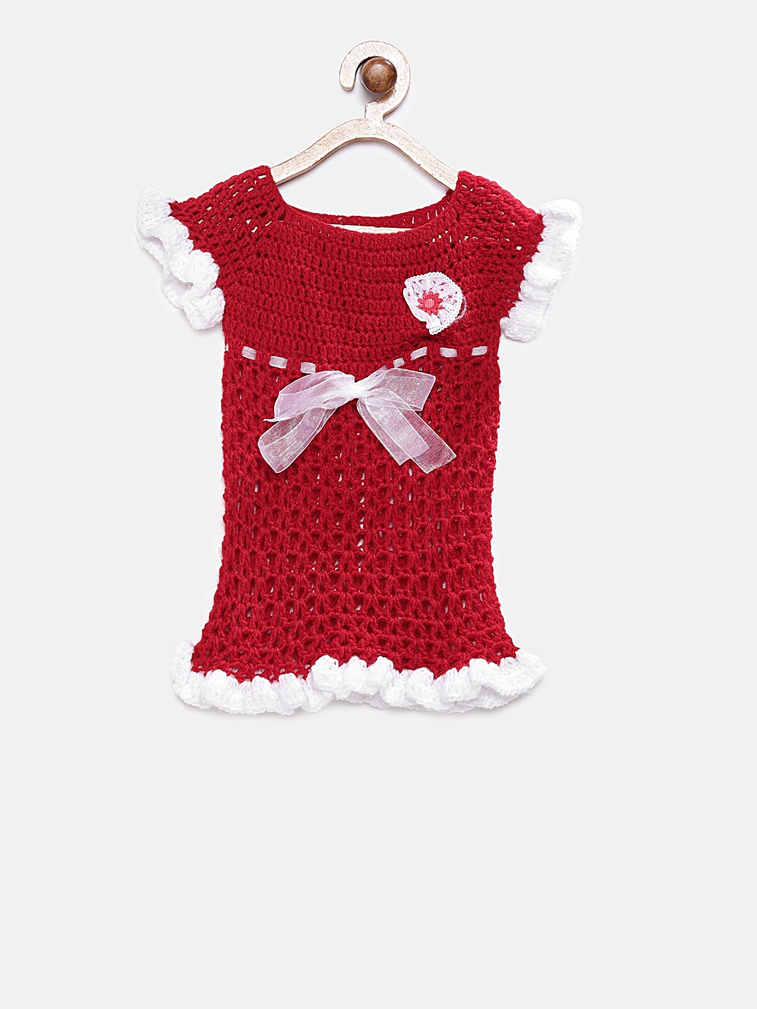 

Magic Needles Infants Red Self Design Handmade Knit Crochet Sweater Dress