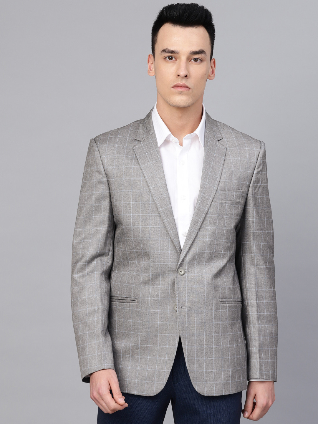 

MANQ Men Grey & Blue Slim Fit Checked Single Breasted Smart Casual Blazer