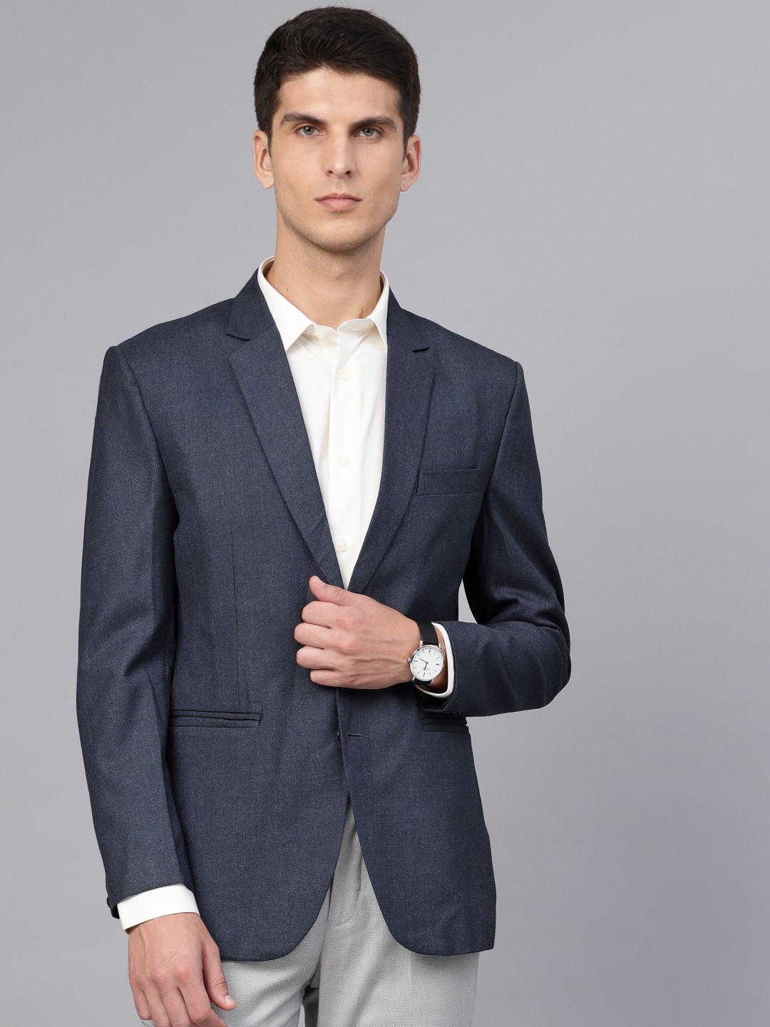 

MANQ Men Navy Blue Slim Fit Solid Single-Breasted Formal Blazer