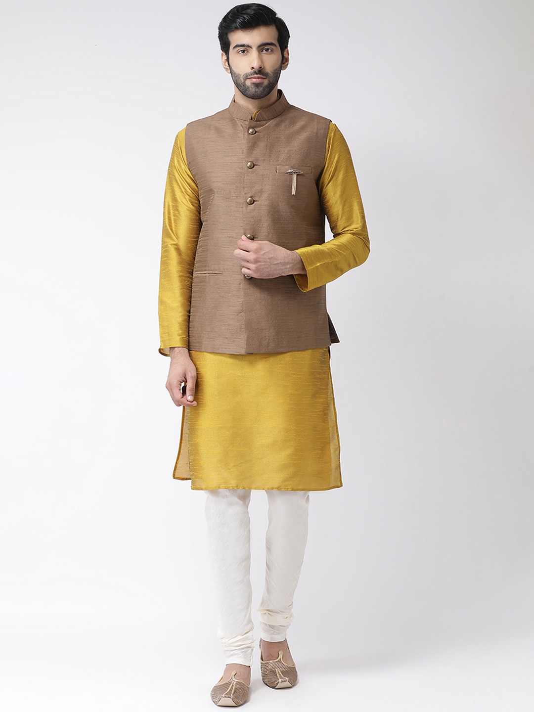 

KISAH Men Beige & Mustard Yellow Solid Kurta with Churidar & Nehru Jacket