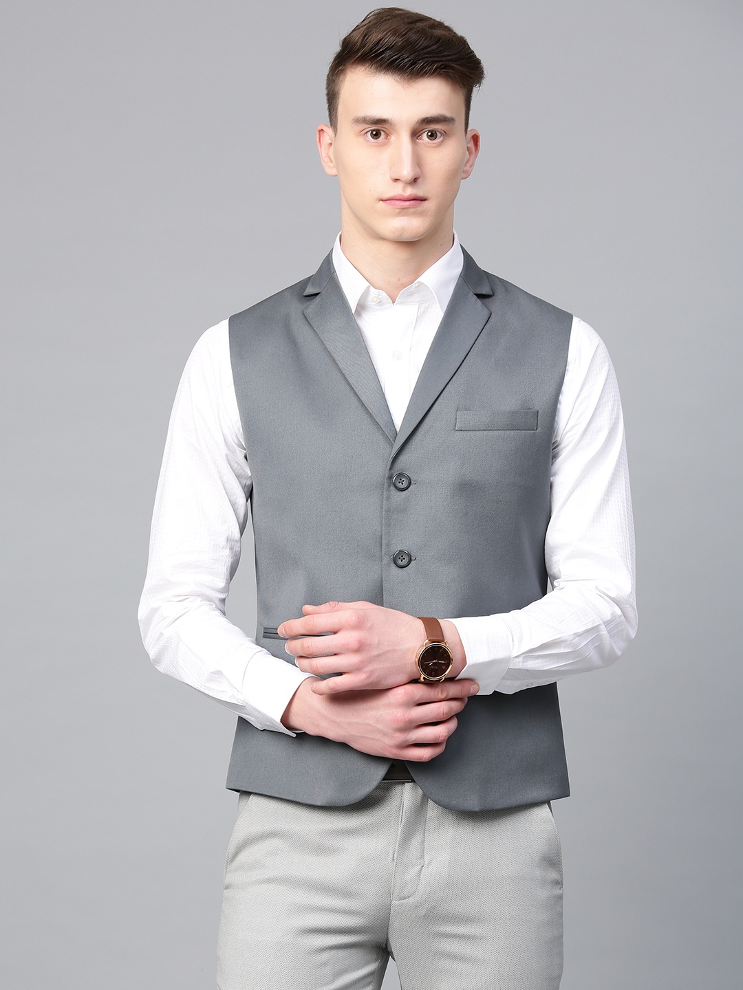 

MANQ Men Grey Solid Slim Fit Woven Formal Waistcoat