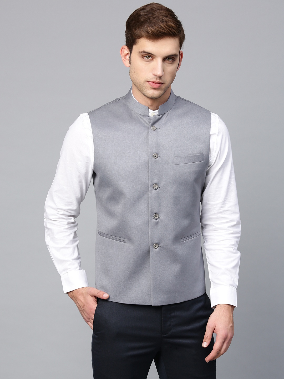 

MANQ Men Grey Solid Slim Fit Nehru Jacket