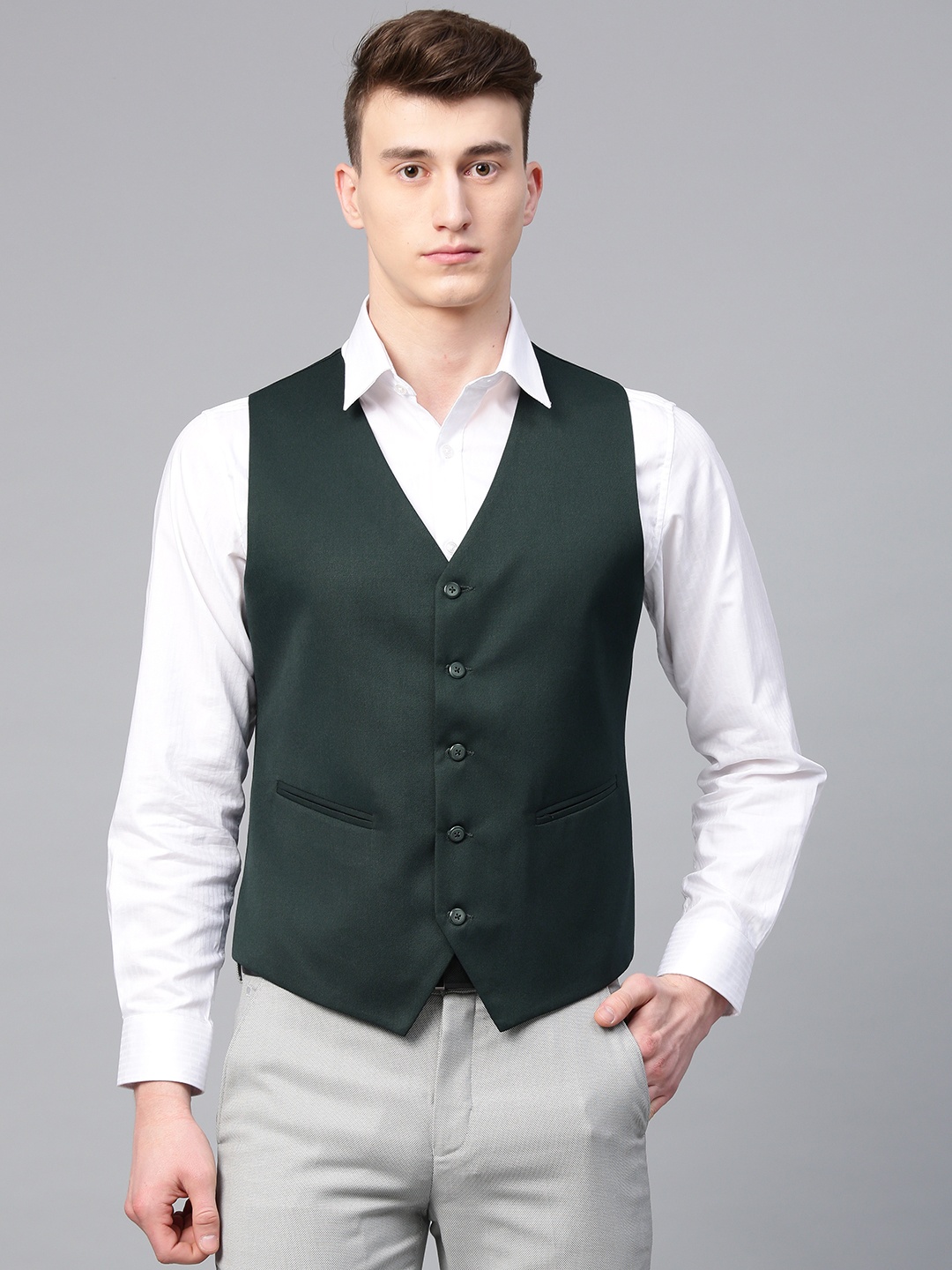 

MANQ Men Green Solid Slim Fit Single-Breasted Waistcoat