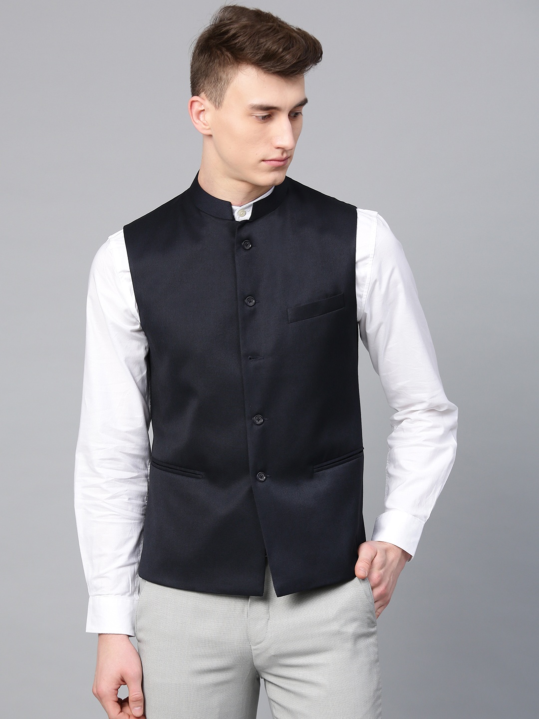 

MANQ Men Navy Blue Solid Slim Fit Nehru Jacket