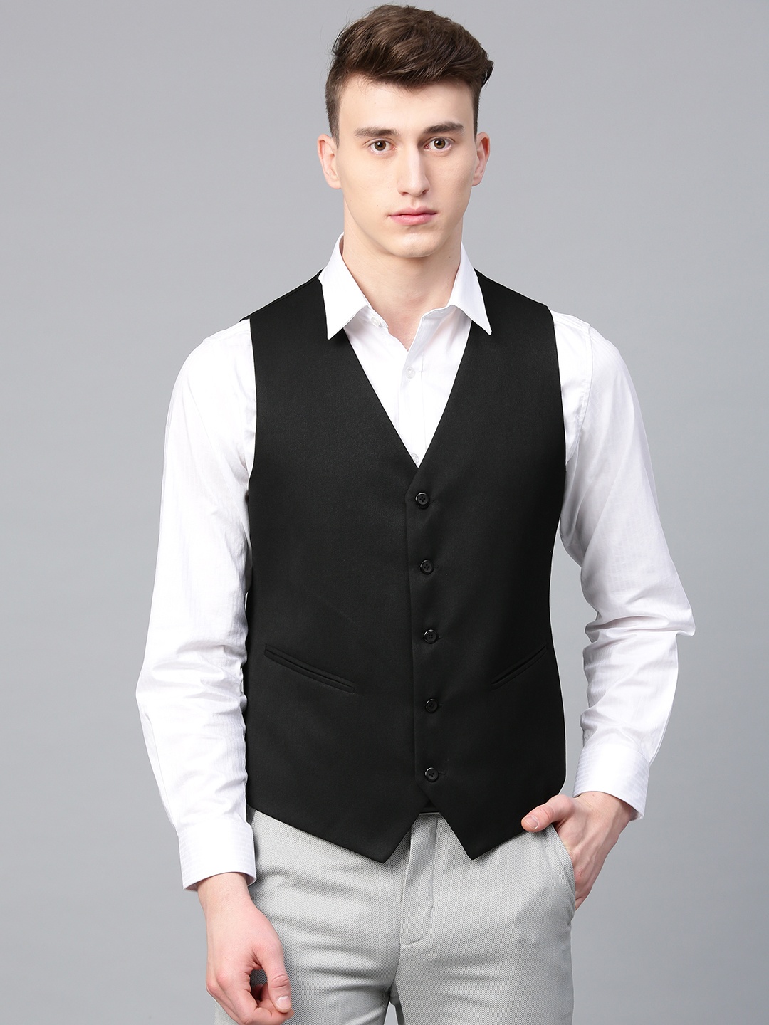 

MANQ Men Black Solid Slim Fit Formal Waistcoat