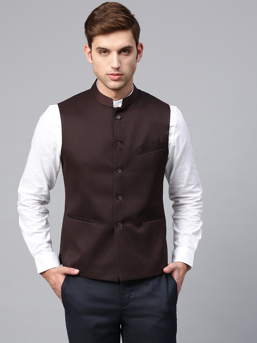 

MANQ Men Coffee Brown Solid Slim Fit Nehru Jacket