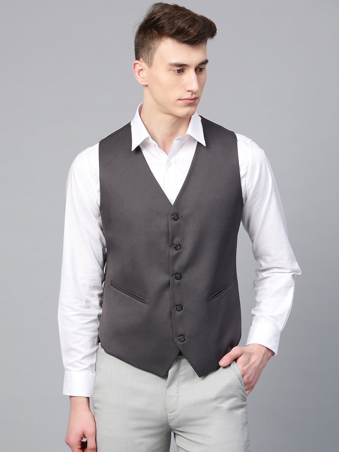 

MANQ Men Charcoal Grey Solid Slim Fit Formal Waistcoat