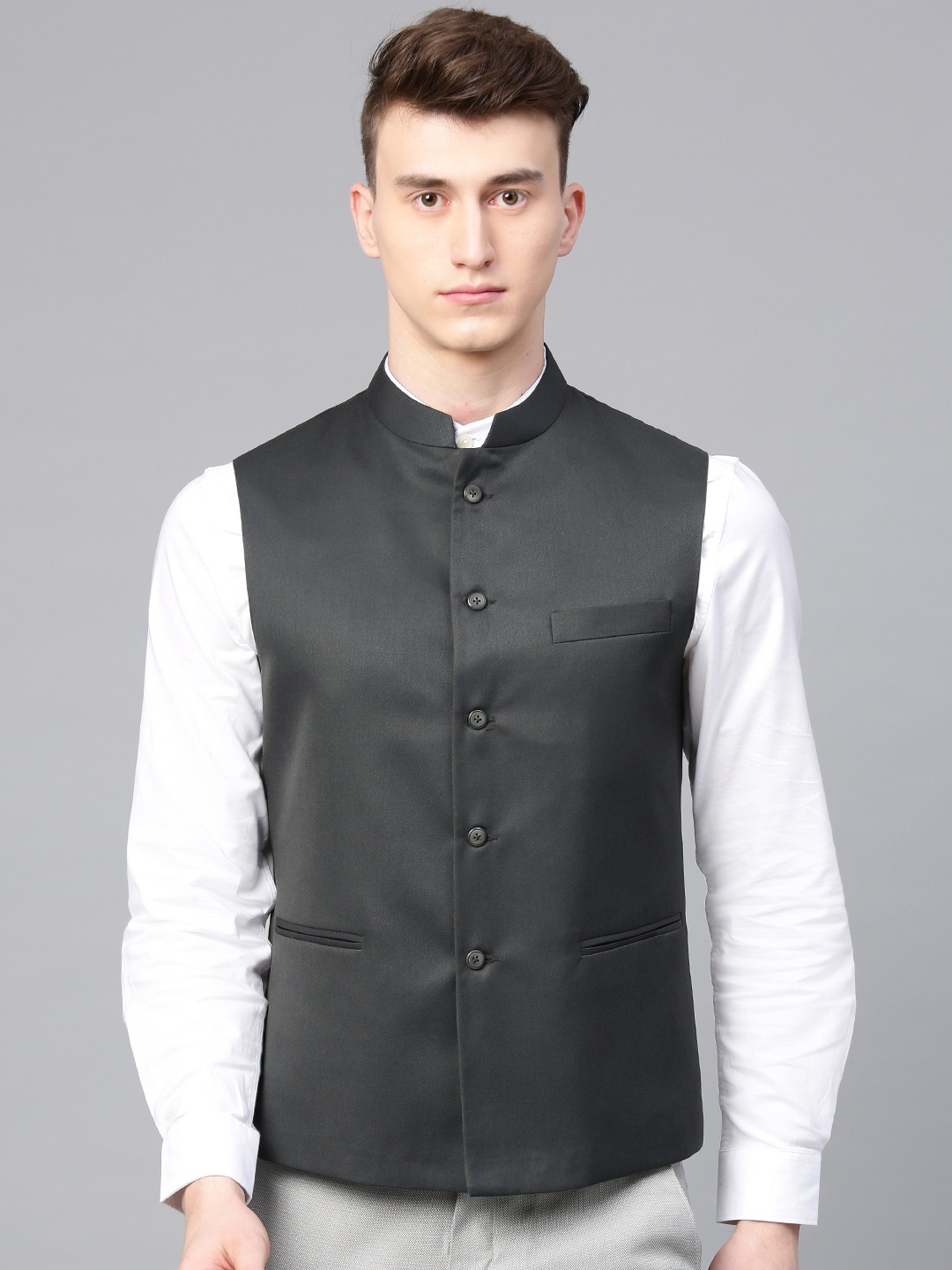 

MANQ Men Charcoal Grey Solid Slim Fit Nehru Jacket