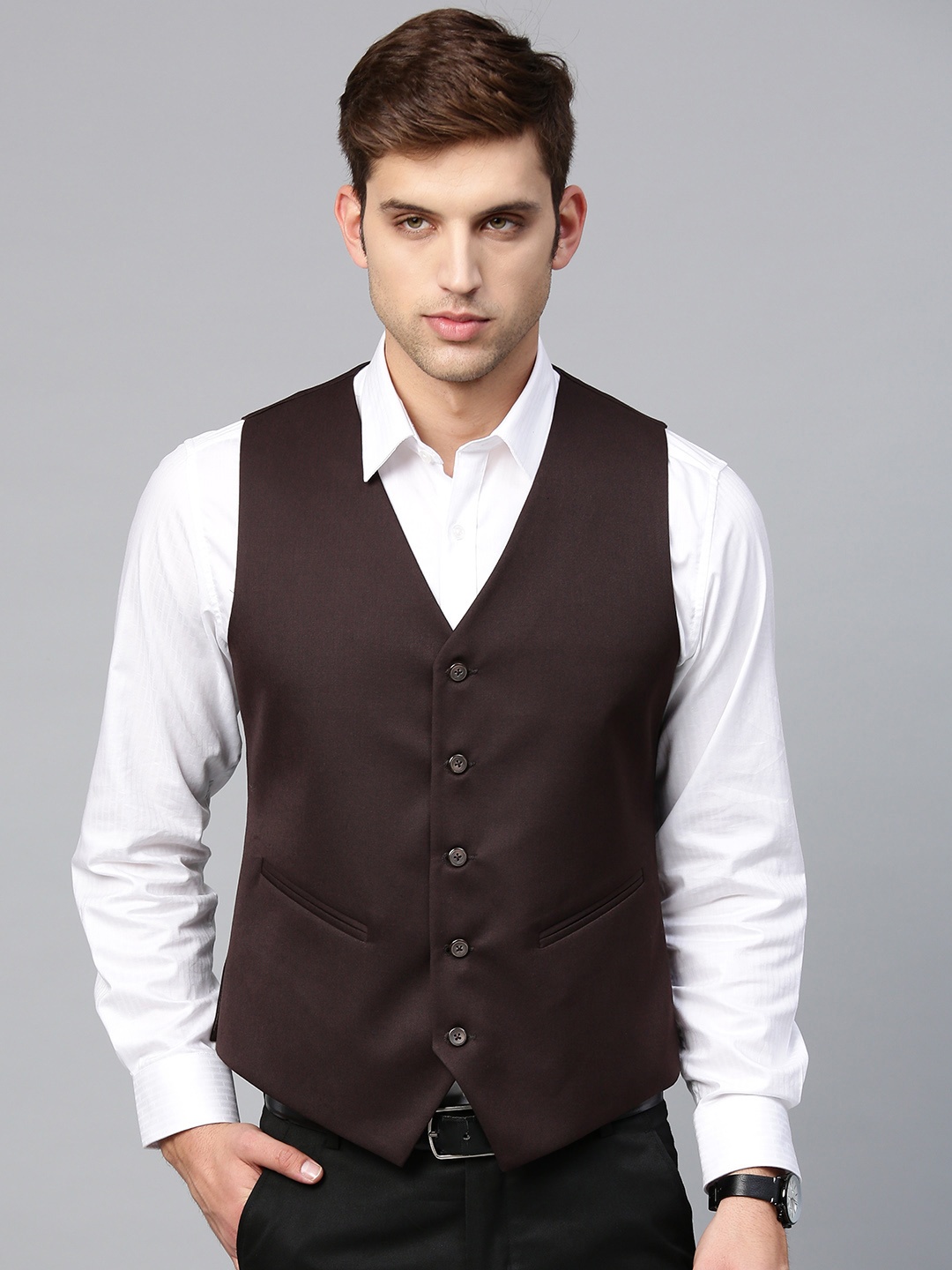 

MANQ Men Coffee Brown Solid Slim Fit Woven Formal Waistcoat