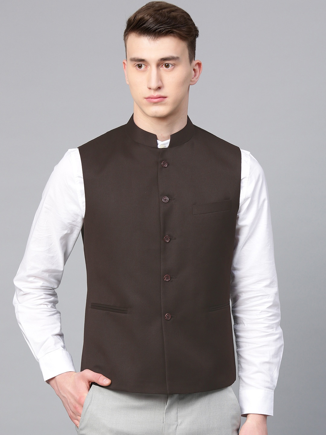 

MANQ Men Coffee Brown Slim Fit Solid Nehru Jacket