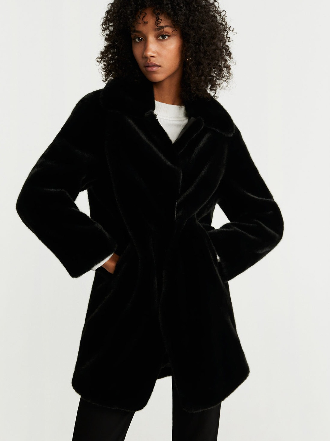 

MANGO Women Black Faux Fur Solid Coat