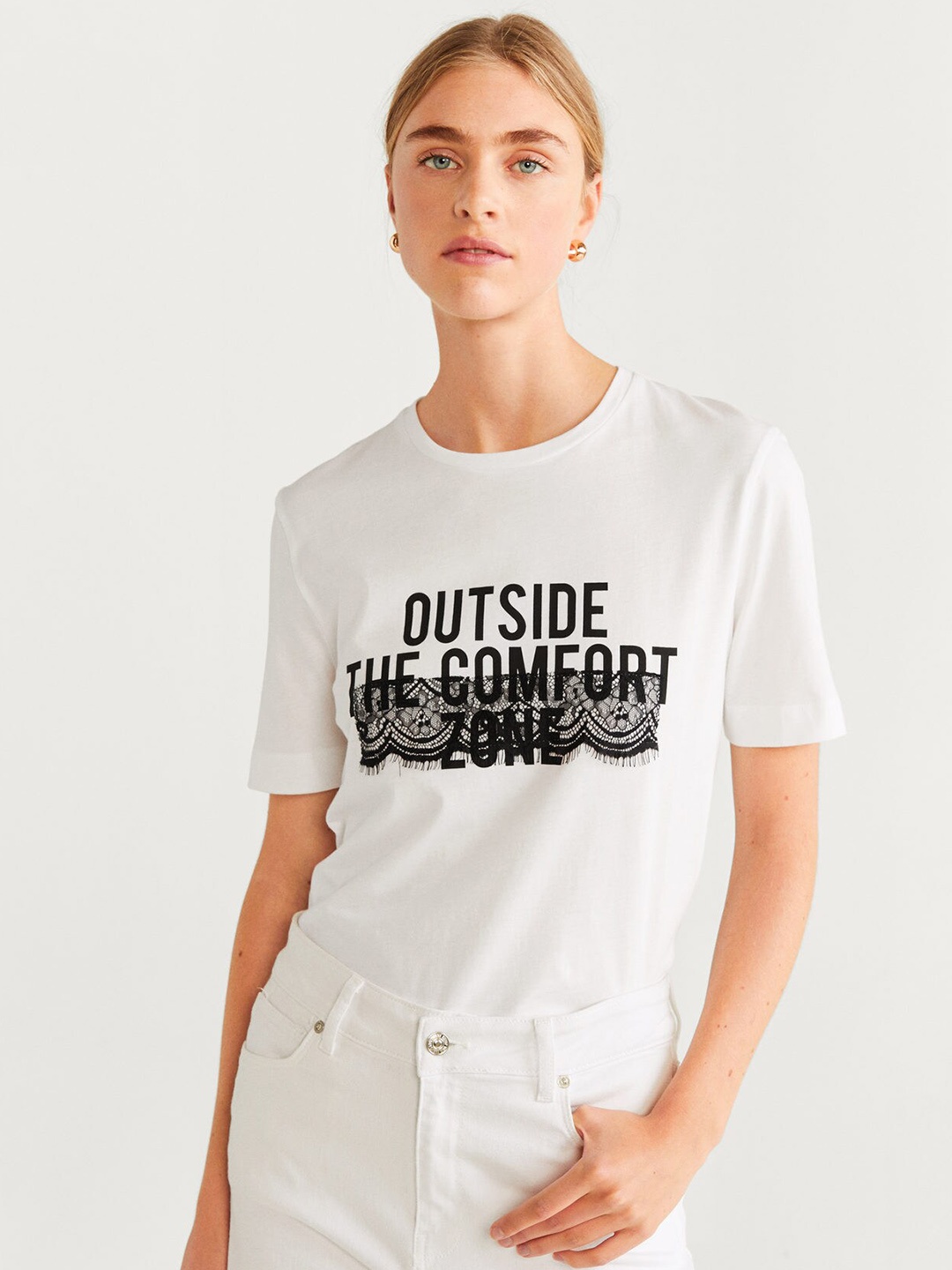 

MANGO Women White Black Printed Round Neck Pure Cotton T-shirt