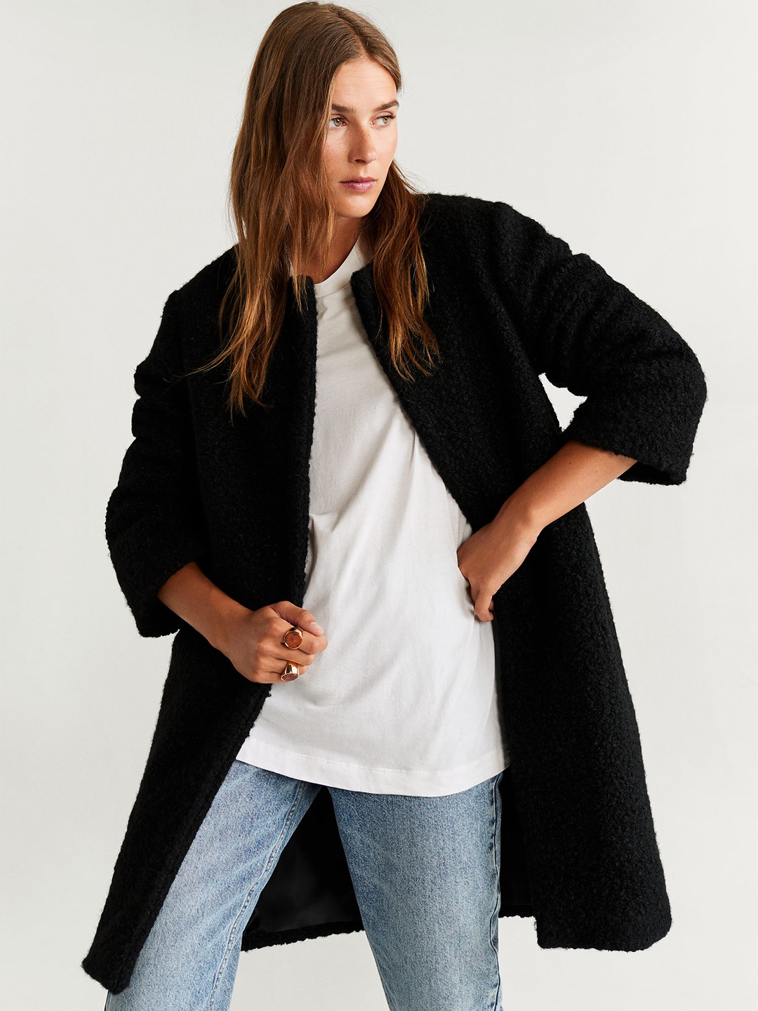 

MANGO Women Black Self-Design Overcoat