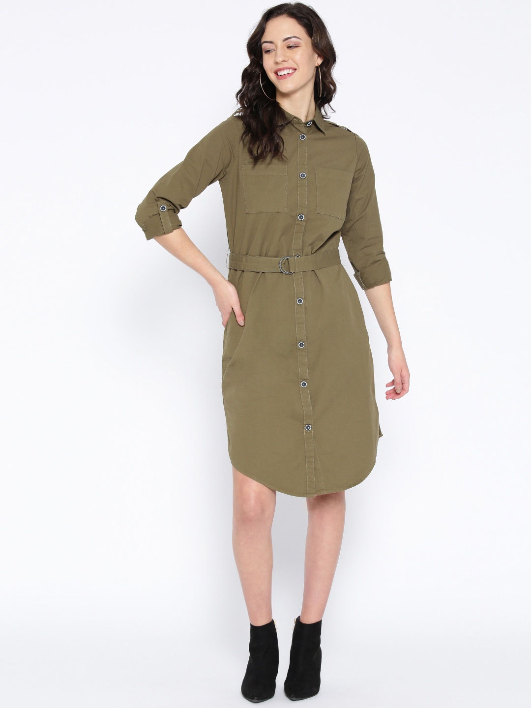 

ONLY Women Olive Green Solid Shirt Dress