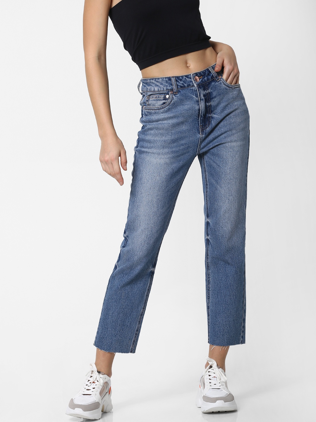 

ONLY Women Blue Erin Straight Fit High-Rise Clean Look Stretchable Cropped Jeans